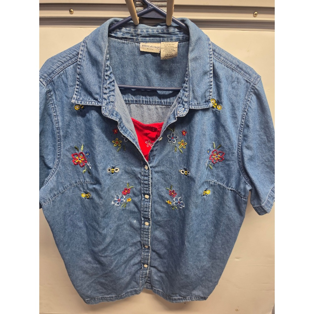 White Stag Plus Denim Shirt Red Tank Set Embroidered Floral Bee 22W 24W W5565121